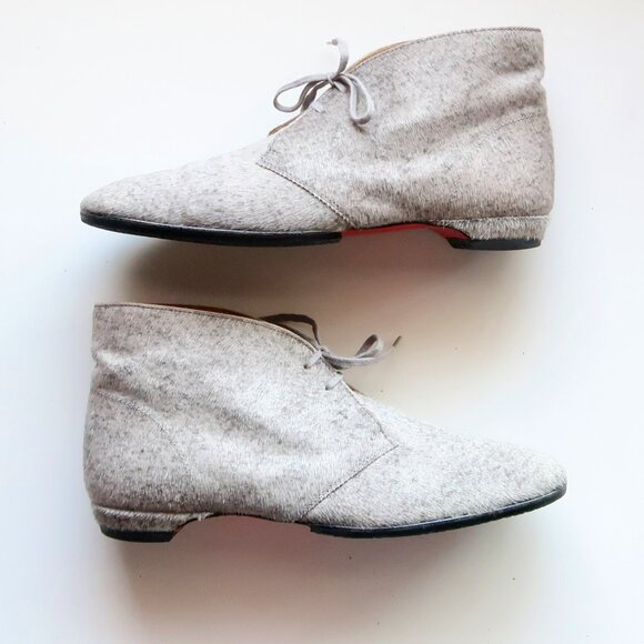 Christian Louboutin Grey Pony Hair Lace-Up Boots Designer Red Sole Ankle Booties - Picture 5 of 16